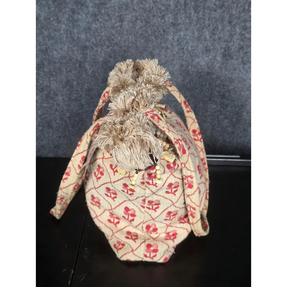 VTG Floral Tapestry Tote Bag Faux Fur Trim Wooden Beads Unique Purse Cottagecore